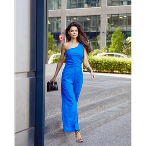 Elegant one-shoulder overall with wide legs, cornflower blue