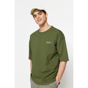 Trendyol Men's Khaki Oversize 100% Cotton Crew Neck Minimal Text Printed T-Shirt