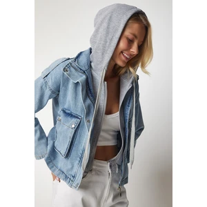 Happiness İstanbul Women's Light Blue Sweatshirt Detailed Hooded Denim Jacket