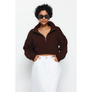 Trendyol Brown Super Crop Zipper Sweter z dzianiny