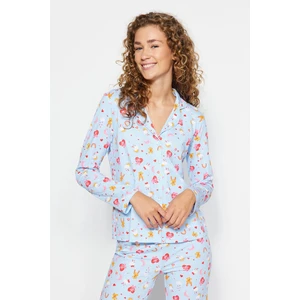 Trendyol Blue 100% Cotton Shirt-Pants Knitted Pajamas Set