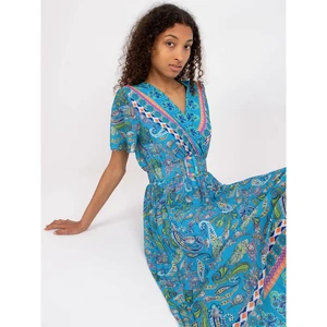 Blue midi paisley dress with a wrap neckline