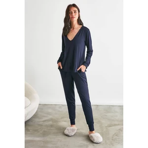 Trendyol Navy Blue V Neck Knitted Pajamas Set