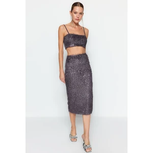 Trendyol Silver Fringed Sequin Midi Skirt