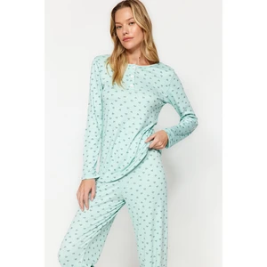 Trendyol Mint Cotton Heart Patterned Tshirt-Pants Knitted Pajamas Set