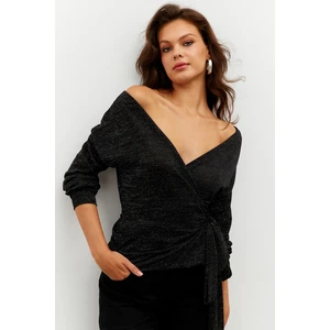 Cool & Sexy Women's Black Silvery Double Breasted Blouse