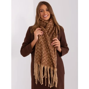 Camel and brown patterned scarf with fringe