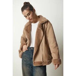 Happiness İstanbul Women's Beige Shearling Nubuck Coat