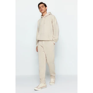 Trendyol Stone Men's Oversized Basic Hoodie, Elasticated Legs, Basic Inside, Soft Pile Cotton Tracksuit Set.