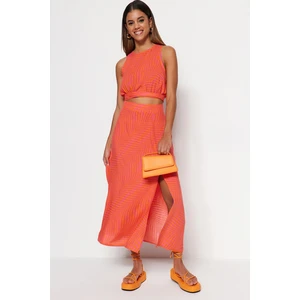 Trendyol Orange Woven Midi Skirt with Viscose Fabric and Geometric Pattern with a Slit Detail