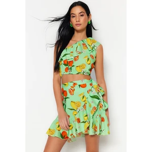 Trendyol Fruit Patterned Woven Ruffle One-Shoulder Blouse and Skirt Set