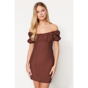 Trendyol Brown Mini Carmen Collar Woven Dress