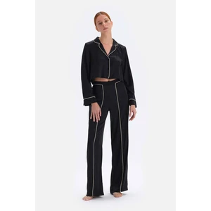 Dagi Black Piping Detailed Bride Satin Pajamas Set