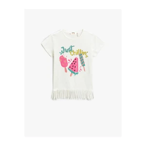 Koton Ice Cream Print Short Sleeved T-Shirt. Crewneck Tassels Cotton.