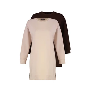 Trendyol Brown-Beige 2-Pack Crew Neck Basic Knitted Sweatshirt