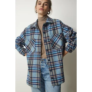 Happiness İstanbul Women's Light Blue Patterned Oversize Cachet Lumberjack Shirt