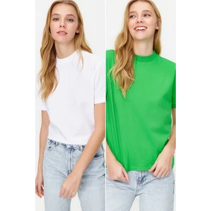 Trendyol Green-White 2-Pack Basic High Neck Knitted T-Shirt