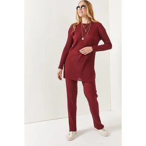 Olalook Women's Claret Red Top Slit Blouse Bottom Palazzo Corduroy Suite