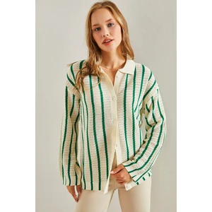 Bianco Lucci Women's Shirt Collar Long Sleeve Striped Cardigan