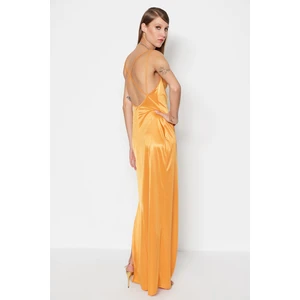 Trendyol Orange Knitted Satin Long Evening Evening Dress