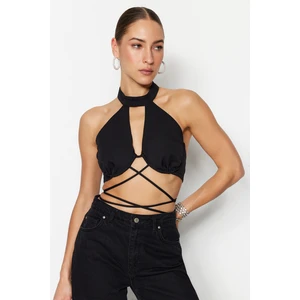 Trendyol Black Crop Lined Bustier with Woven Trim Window/Cut Out Detailed