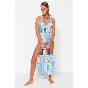 Trendyol Blue Tropical Pattern Woven 100% Cotton Beach Bag