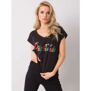 Black t-shirt with a colorful print