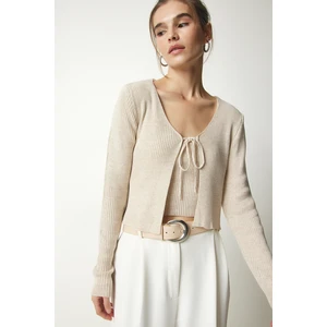 Happiness İstanbul Women's Cream Corduroy Sweater Crop Cardigan Suit