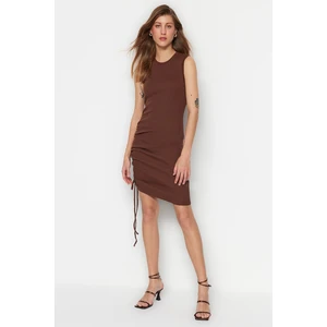 Trendyol Brown Crew Neck Fitted, Shirring Detailed Ribbed Flexible Mini Knitting Dress