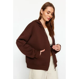 Trendyol Brown Oversize/Comfortable Fit Basic Hooded Knitted Sweatshirt with Fleece Inside