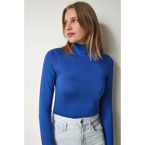 Happiness İstanbul Women's Blue High Collar Saran Stretchy Knitted Blouse