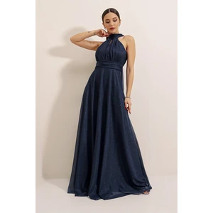 By Saygı Halterneck, Lined, Glittery Long Dress, Navy