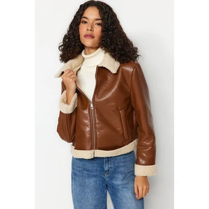 Trendyol Brown Suede Plush Detailed Biker Jacket Coat