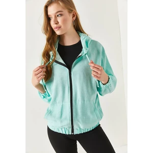 armonika Women's Light Green Hoodie with Zipper Oversized Sweatshirt