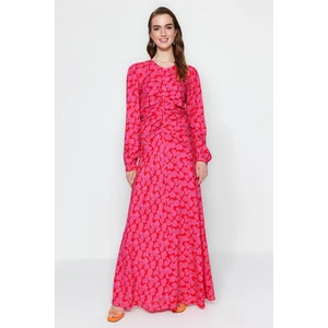 Trendyol Fuchsia Flower Patterned Woven Dress with Stitch Detail on the Waist