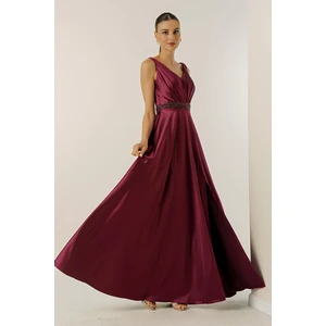 By Saygı V-Neck Wide Straps, Bead-lined Waistline, Wide Body Evening Long Satin Dress