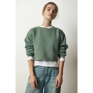 Happiness İstanbul Women's Almond Green Crew Neck Raised Crop Knitted Sweatshirt