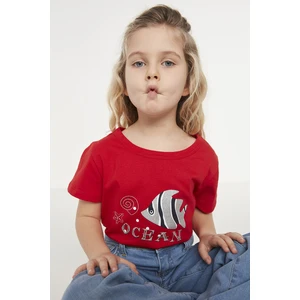 Trendyol Red Glitter Printed Girl Knitted T-Shirt