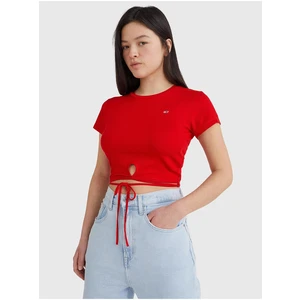 Tommy Jeans Red Women Ribbed Cropped T-Shirt with Tie at Waist Tom - Women