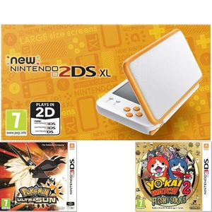 Nintendo 2DS XL, white and orange + Pokémon Ultra Sun + Yo-Kai Watch 2: Fleshy Souls