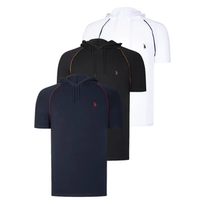 TRIPLE SET T8570 DEWBERRY HOODED MEN'S T-SHIRT-NAVY BLUE-WHITE-BLACK