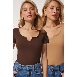 Happiness İstanbul Women's Brown Biscuit Sweetheart Collar Corduroy 2-Pack Crop Knitted Blouse