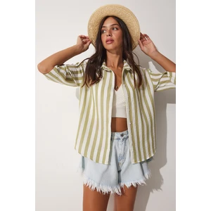 Happiness İstanbul Women's Green Striped Linen Viscose Shirt