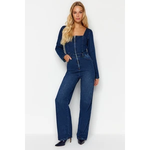 Trendyol Dark Blue Square Collar Zippered Denim Overalls