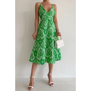 Madmext Green Patterned Decollete Midi Length Dress