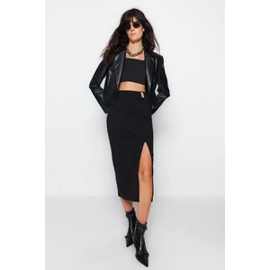 Trendyol Black Crepe Buckle Maxi High Waist Elastic Knitted Skirt with Slit Detail