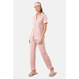 Trendyol Pink Cotton Striped Piping Detailed Sleep Tape Knitted Pajamas Set