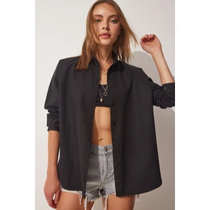 Happiness İstanbul Women's Black Oversized Basic Poplin Shirt