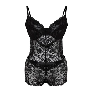 Trendyol Curve Black Strappy Lace Plus Size Bodysuit