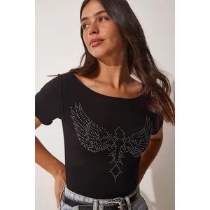 Happiness İstanbul Women's Black Wing Embroidered Viscose Knitted T-Shirts